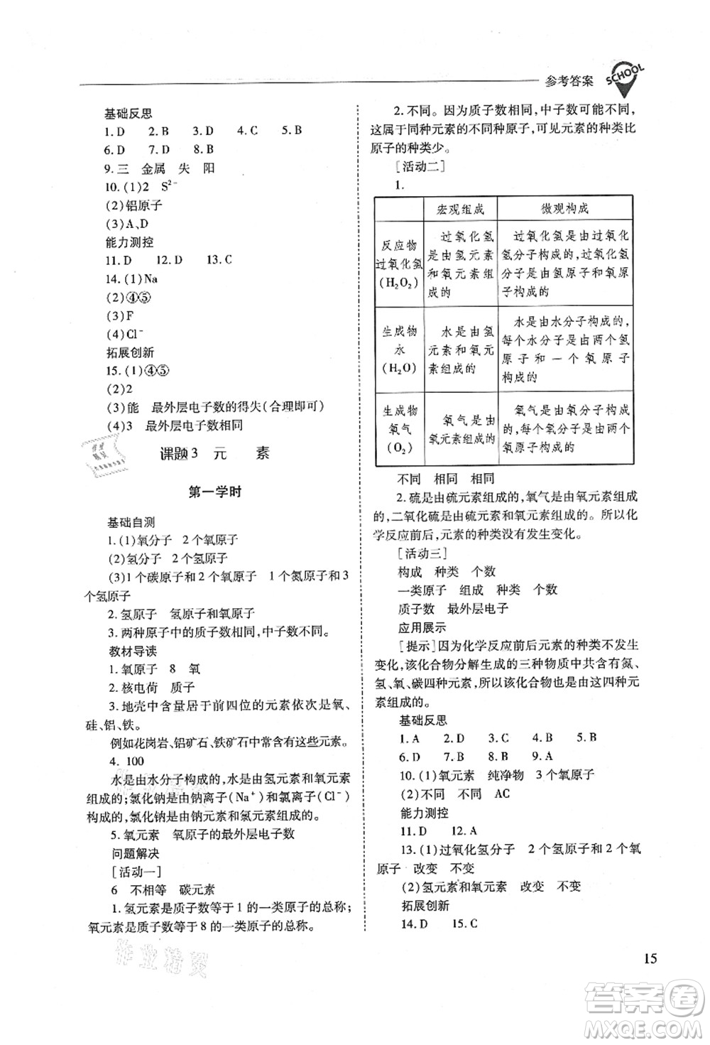 山西教育出版社2021新課程問題解決導(dǎo)學(xué)方案九年級化學(xué)上冊人教版答案