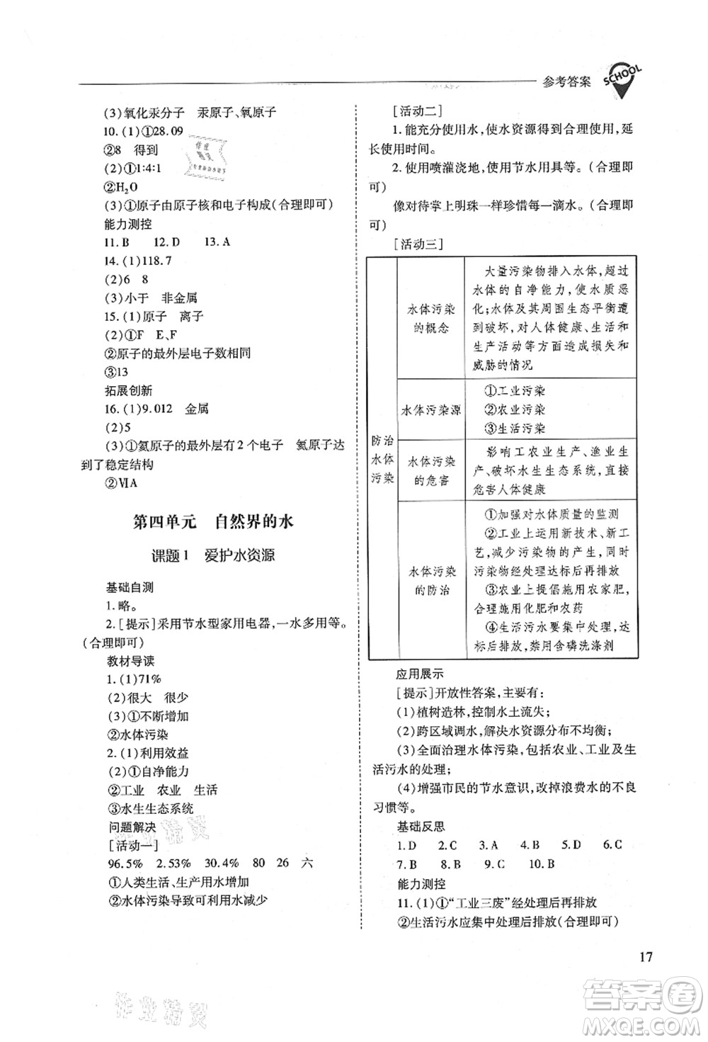 山西教育出版社2021新課程問題解決導(dǎo)學(xué)方案九年級化學(xué)上冊人教版答案