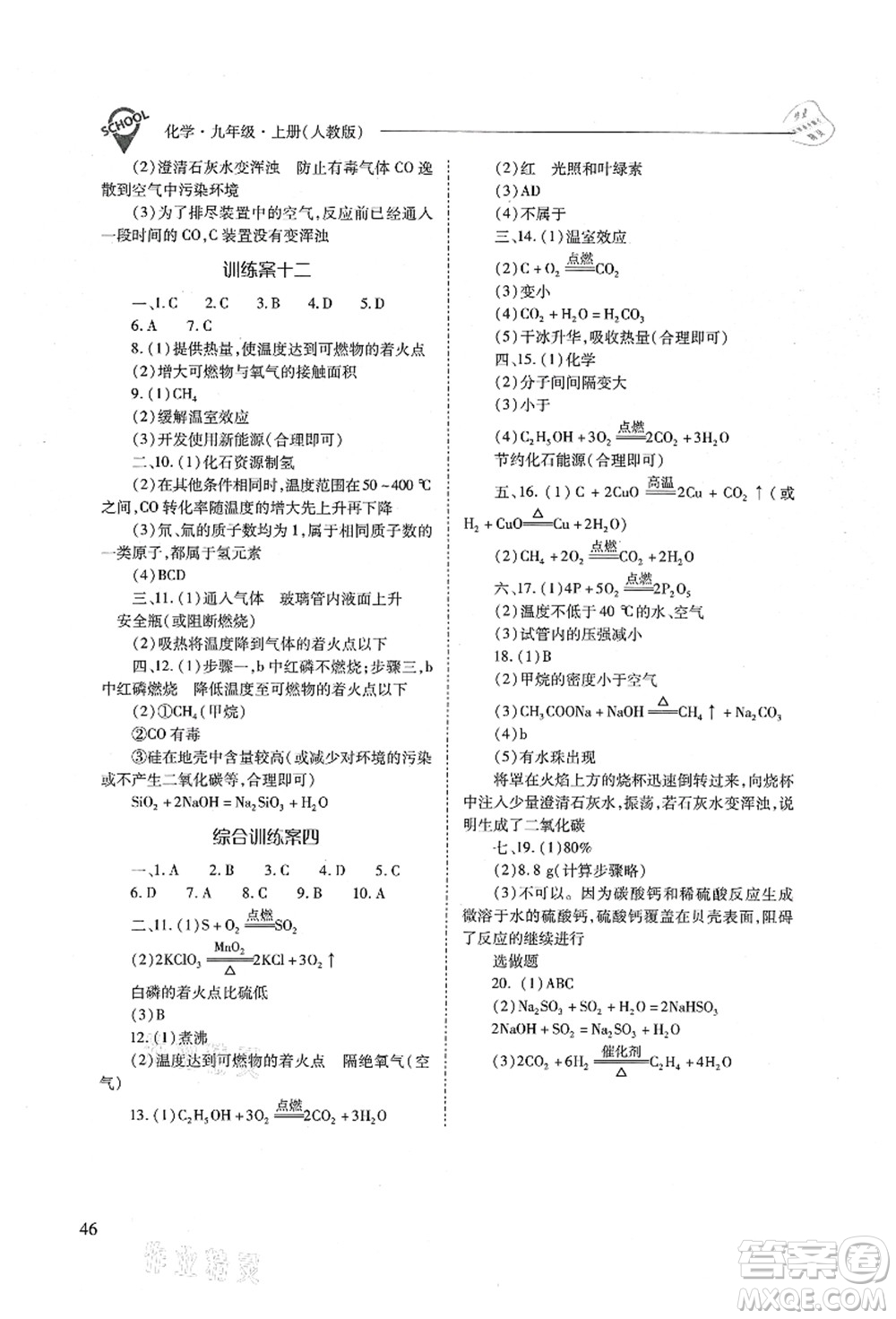 山西教育出版社2021新課程問題解決導(dǎo)學(xué)方案九年級化學(xué)上冊人教版答案