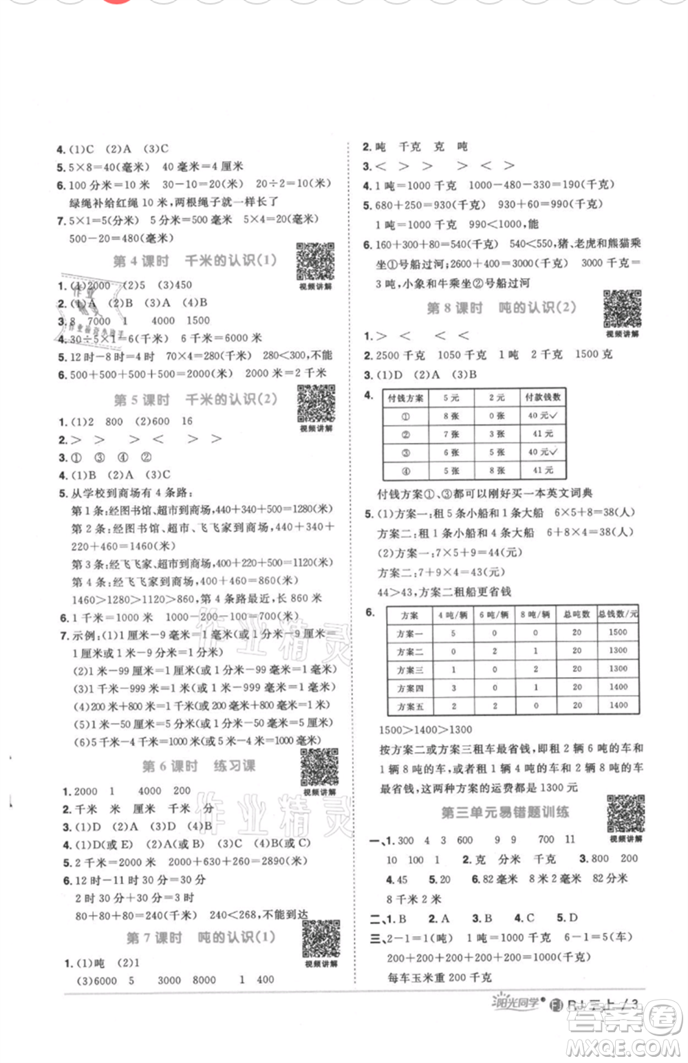 福建少年兒童出版社2021陽光同學(xué)課時優(yōu)化作業(yè)三年級上冊數(shù)學(xué)人教版福建專版參考答案