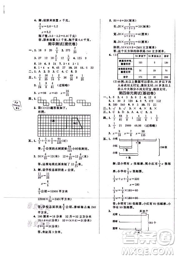 西安出版社2021秋季53全優(yōu)卷小學(xué)數(shù)學(xué)六年級上冊SJ蘇教版答案