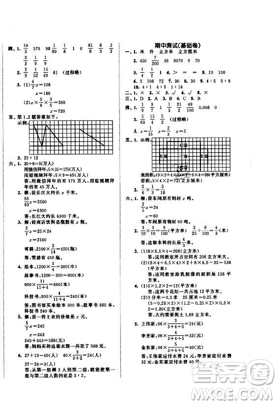 西安出版社2021秋季53全優(yōu)卷小學(xué)數(shù)學(xué)六年級上冊SJ蘇教版答案