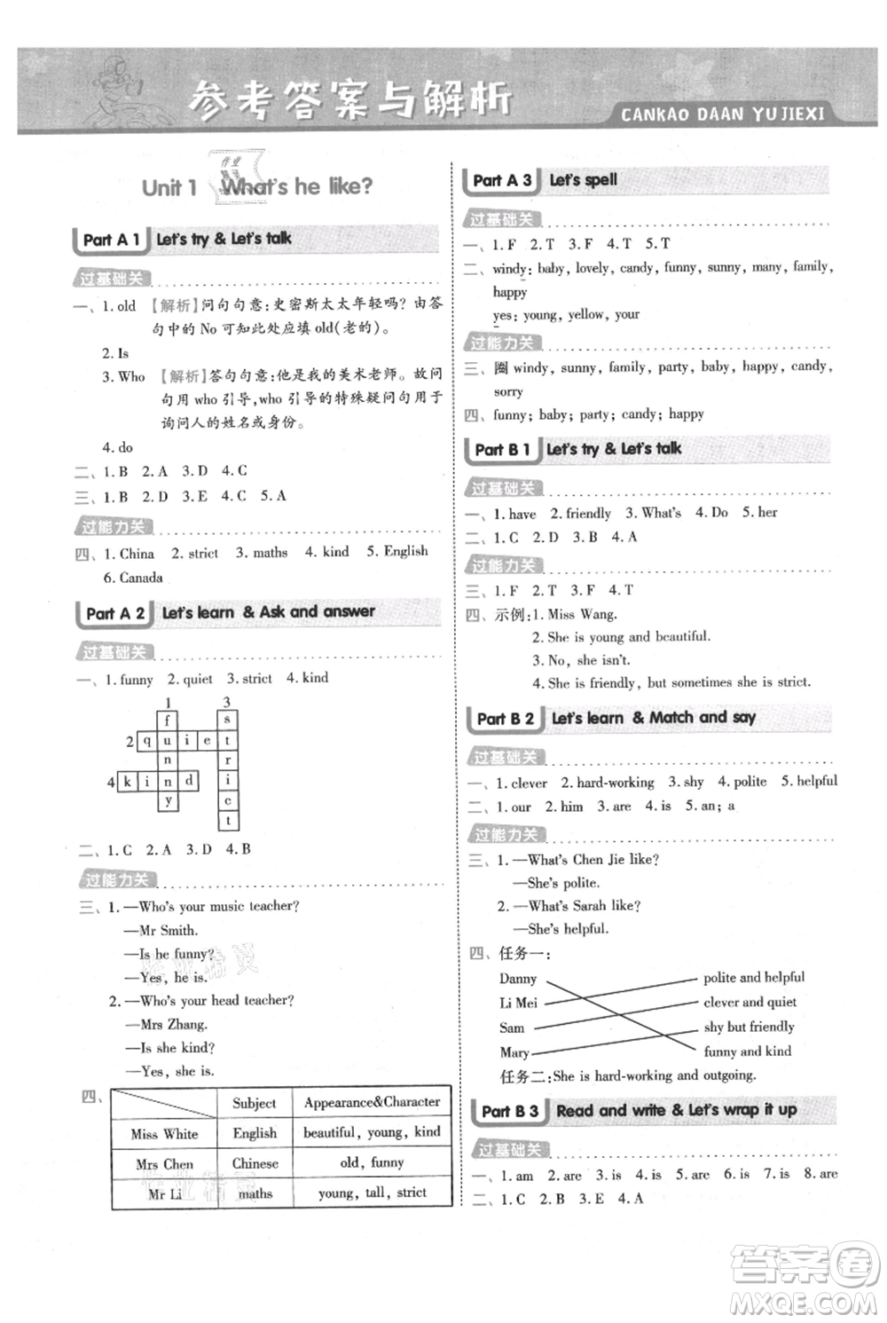 南京師范大學(xué)出版社2021一遍過五年級上冊英語人教版參考答案