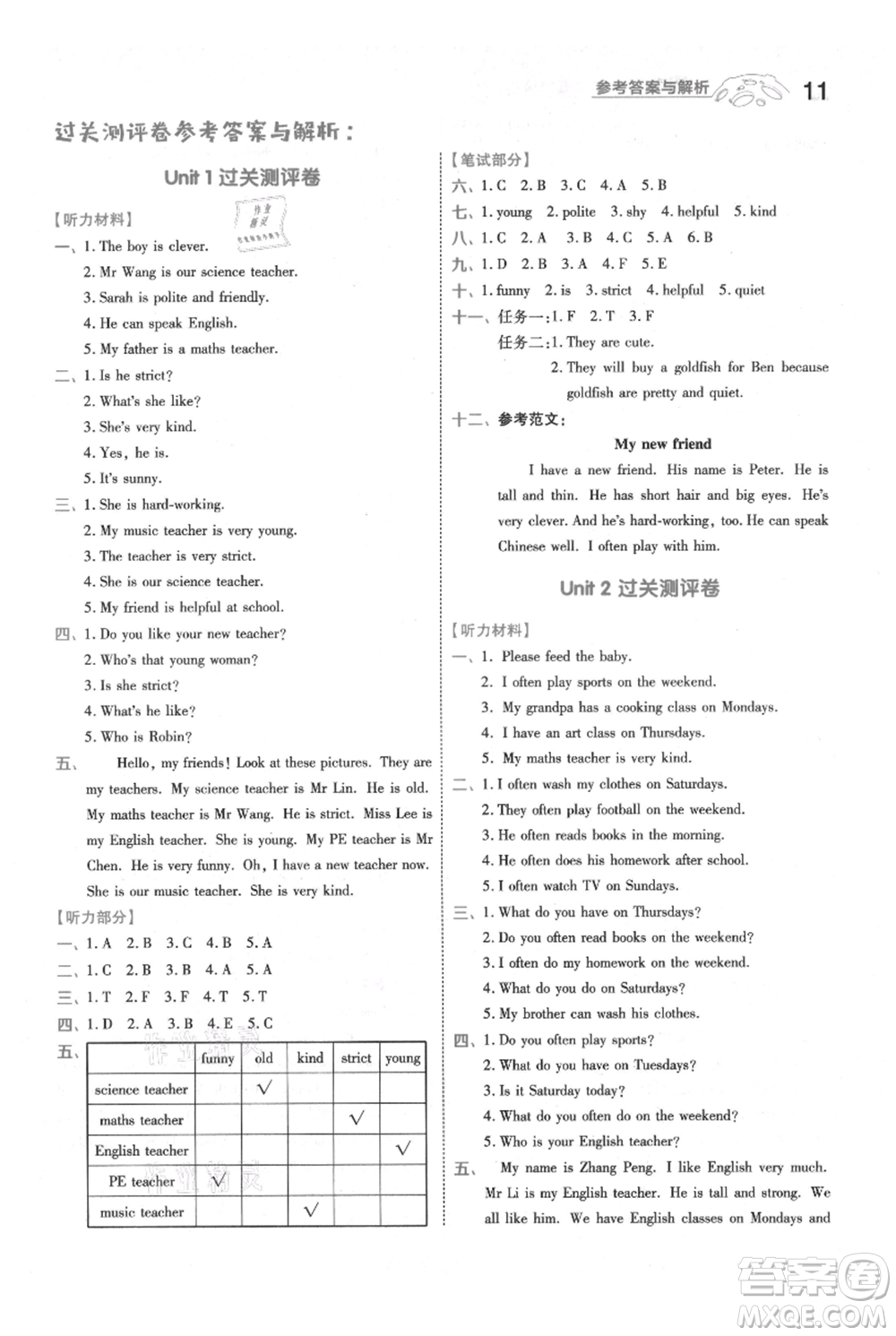 南京師范大學(xué)出版社2021一遍過五年級上冊英語人教版參考答案