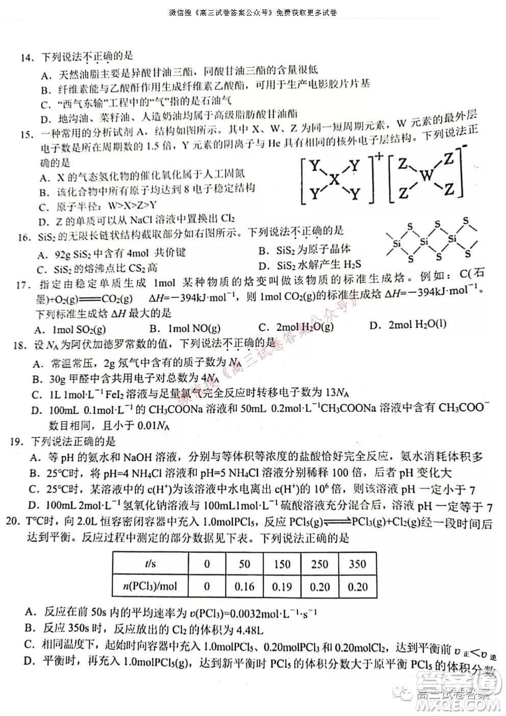 浙江省Z20名校聯(lián)盟2022屆高三第一次聯(lián)考化學(xué)試卷及答案