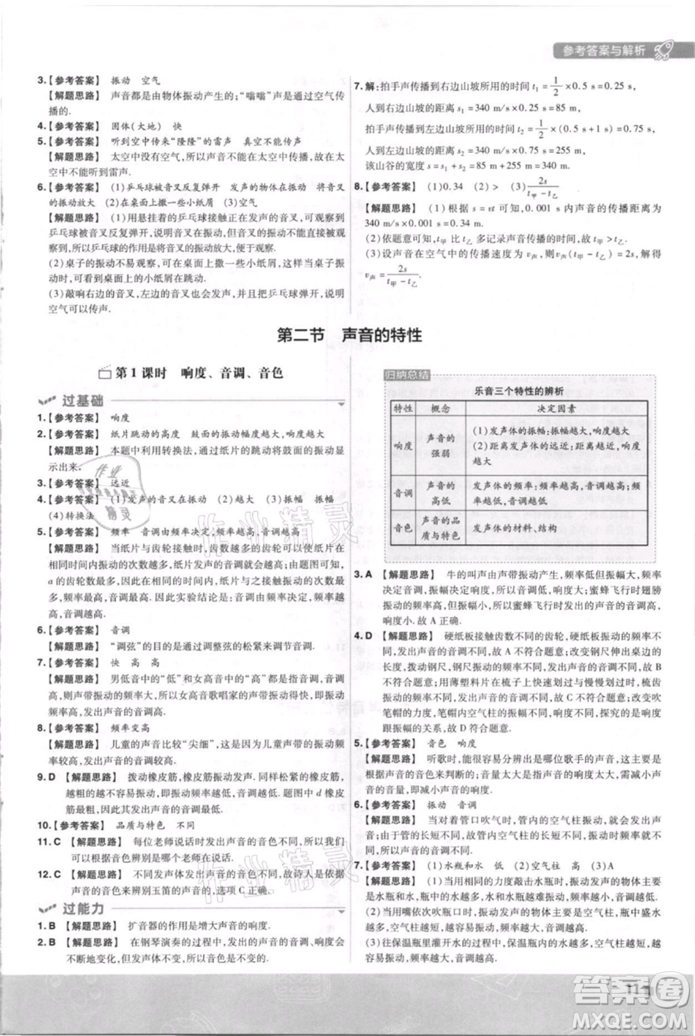 南京師范大學(xué)出版社2021一遍過(guò)八年級(jí)上冊(cè)物理滬科版參考答案