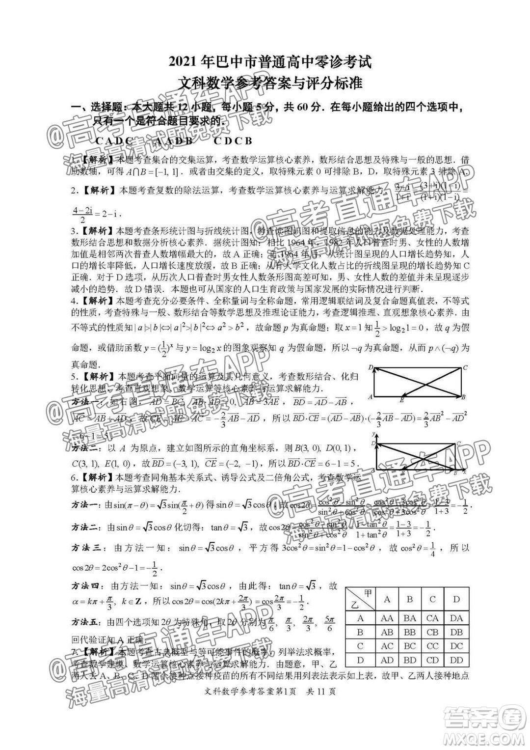 巴中市普通高中2019級(jí)零診考試文科數(shù)學(xué)試題及答案