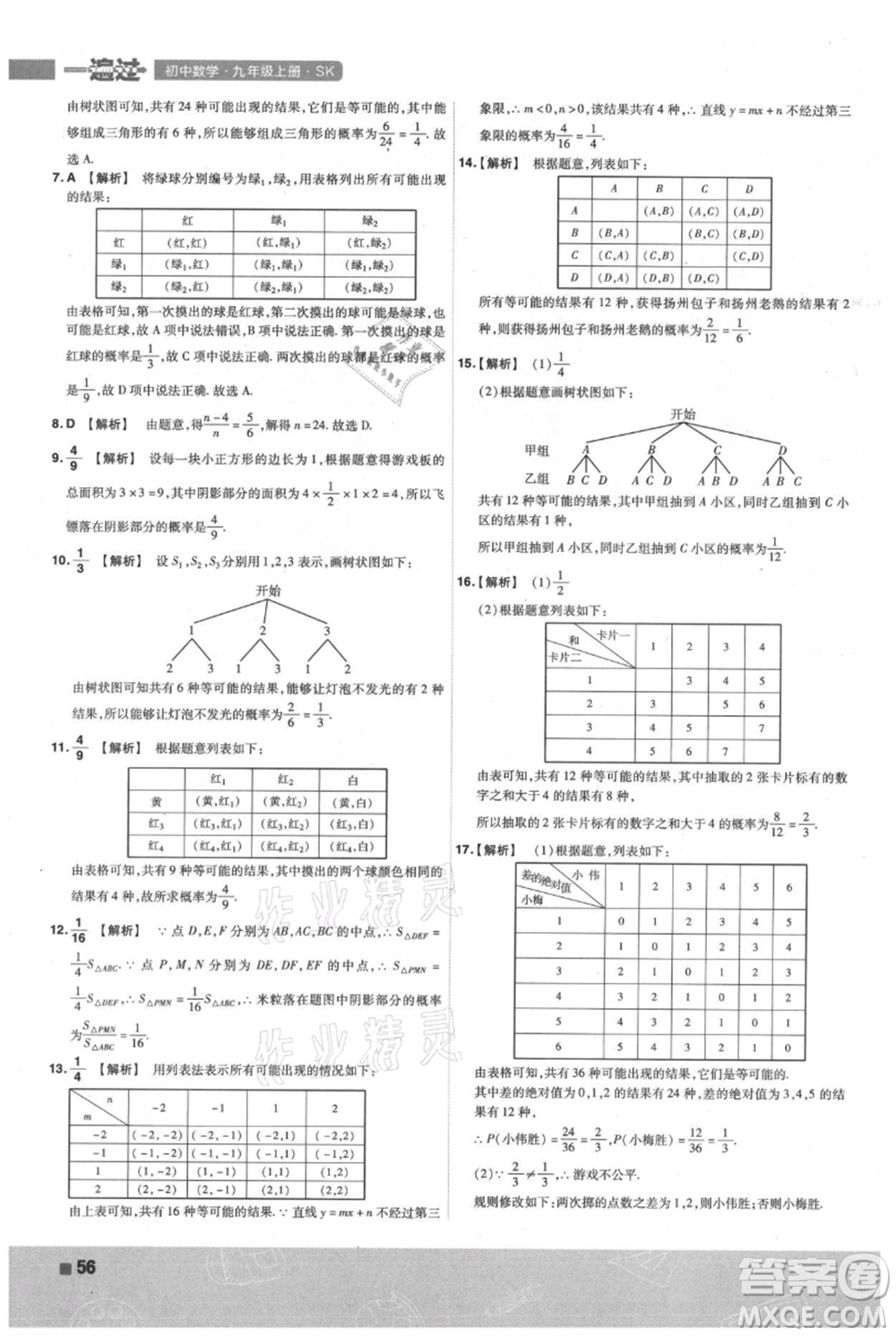 南京師范大學出版社2021一遍過九年級上冊數(shù)學蘇科版參考答案