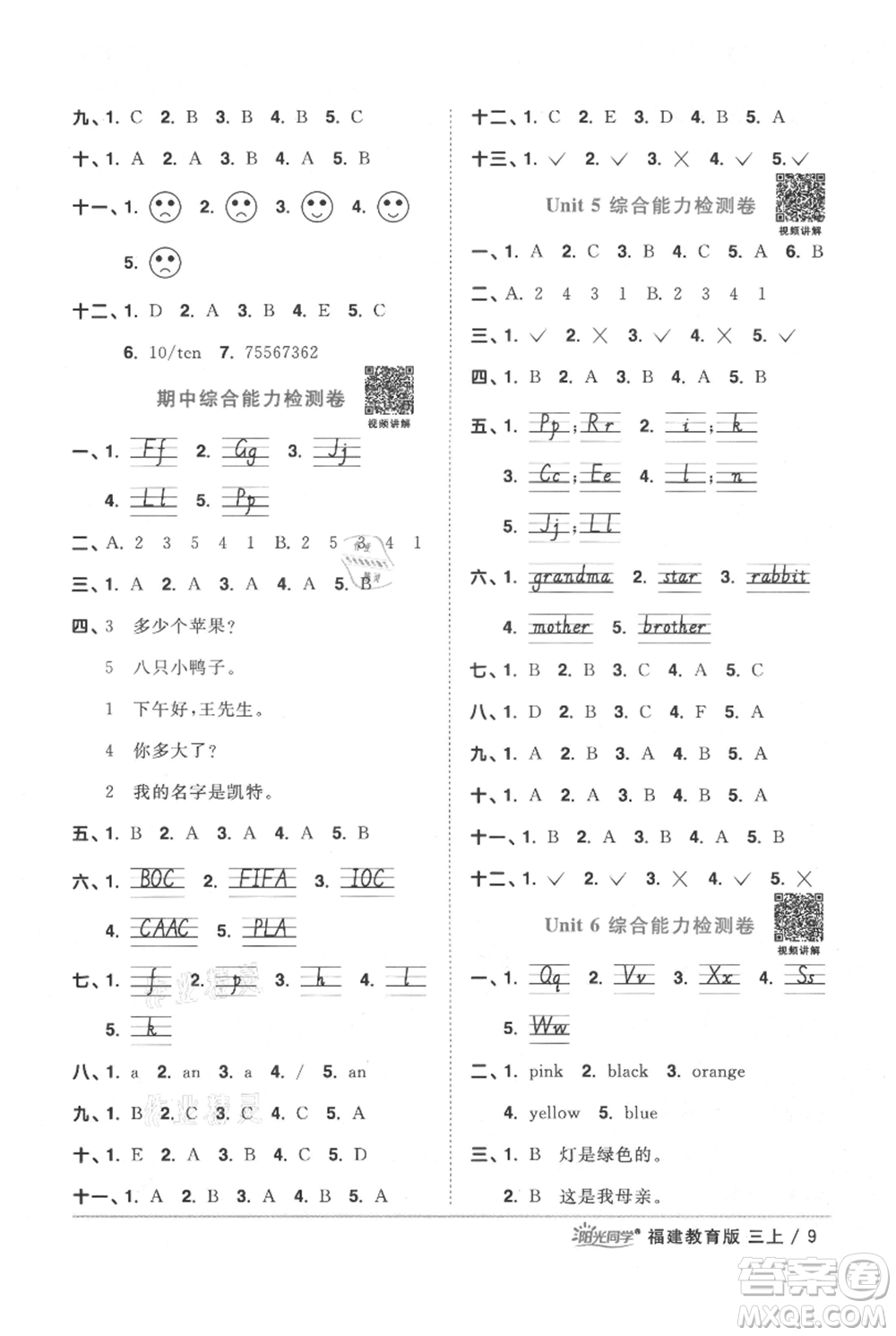 江西教育出版社2021陽光同學(xué)課時優(yōu)化作業(yè)三年級上冊英語福建教育版參考答案