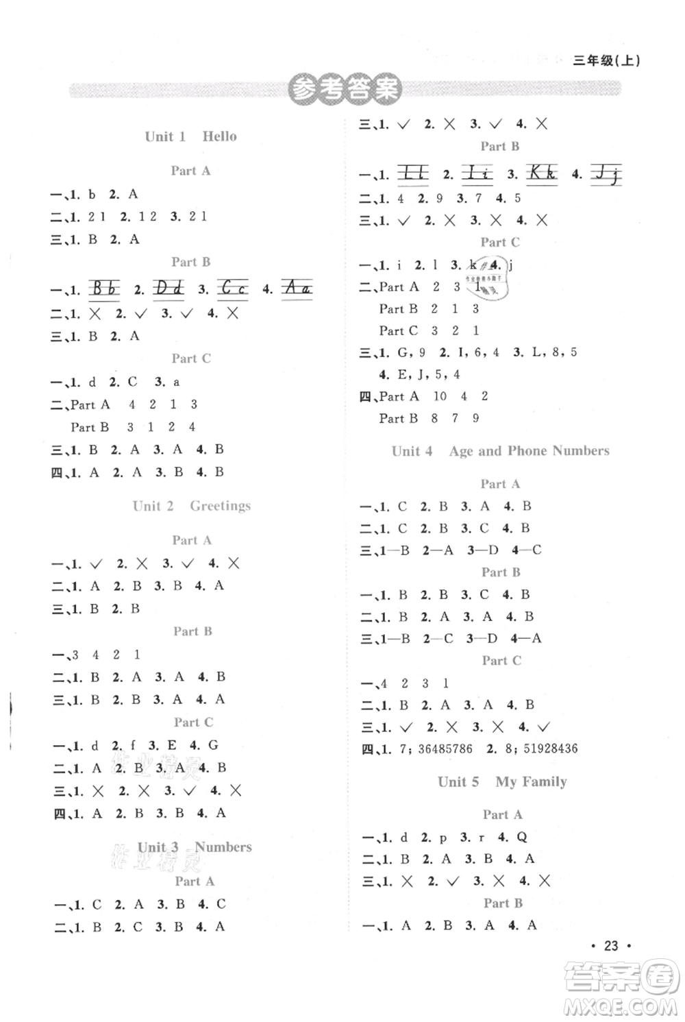 江西教育出版社2021陽光同學(xué)課時優(yōu)化作業(yè)三年級上冊英語福建教育版參考答案