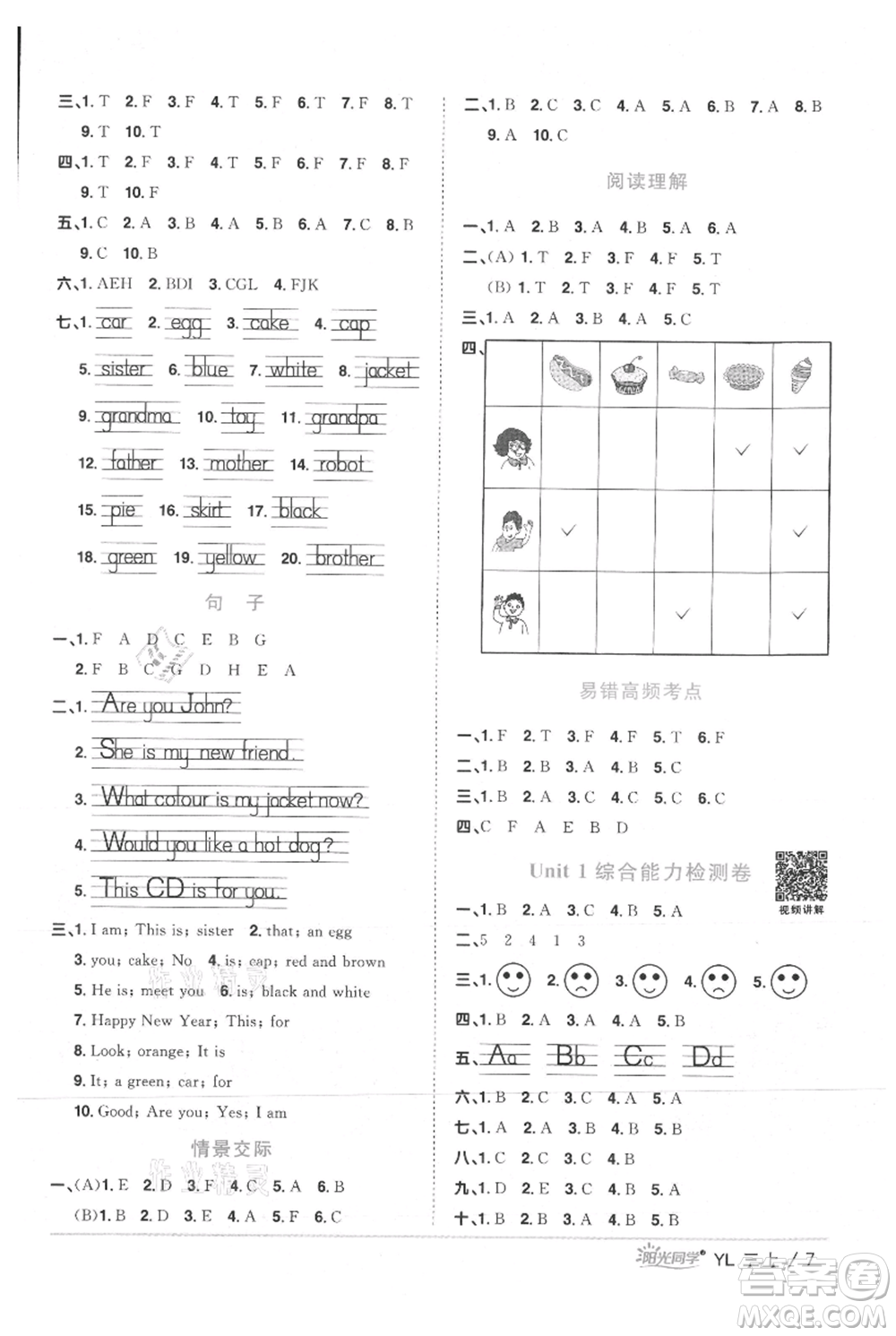 江西教育出版社2021陽光同學課時優(yōu)化作業(yè)三年級上冊英語譯林版參考答案