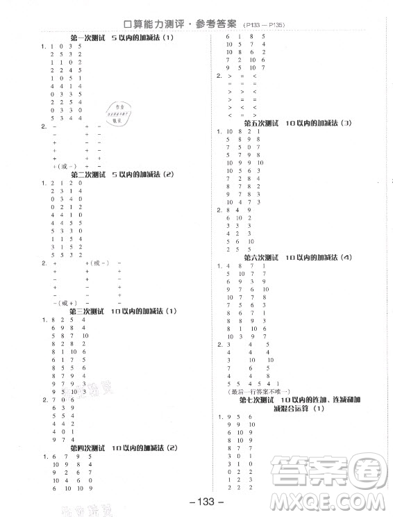 開(kāi)明出版社2021全品學(xué)練考數(shù)學(xué)一年級(jí)上冊(cè)RJ人教版答案