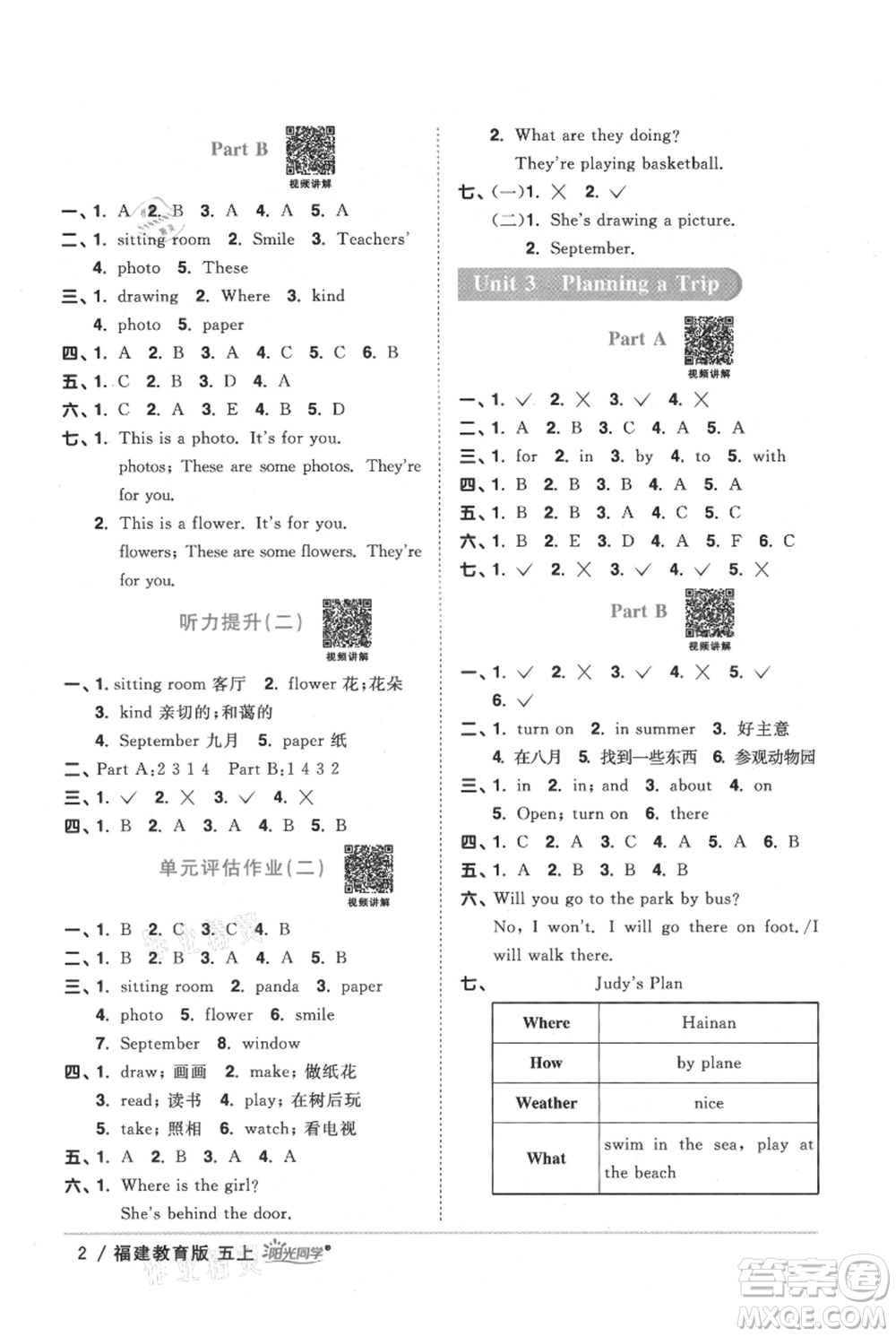 江西教育出版社2021陽光同學(xué)課時(shí)優(yōu)化作業(yè)五年級(jí)上冊(cè)英語福建教育版參考答案