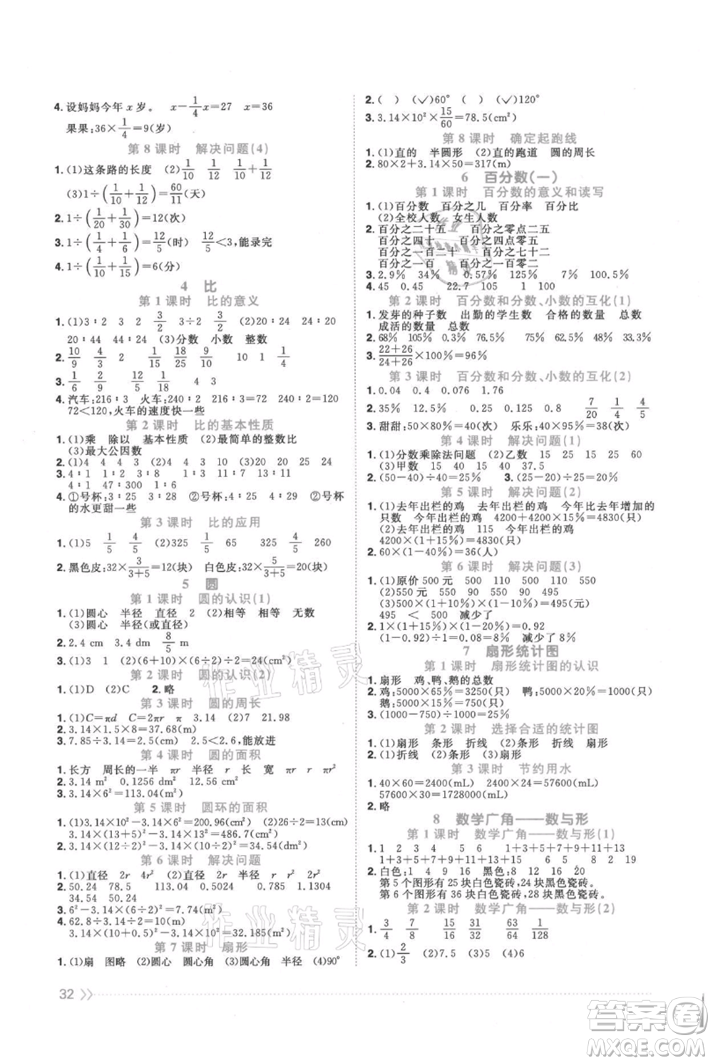 江西教育出版社2021陽光同學(xué)課時(shí)優(yōu)化作業(yè)六年級上冊數(shù)學(xué)人教版參考答案