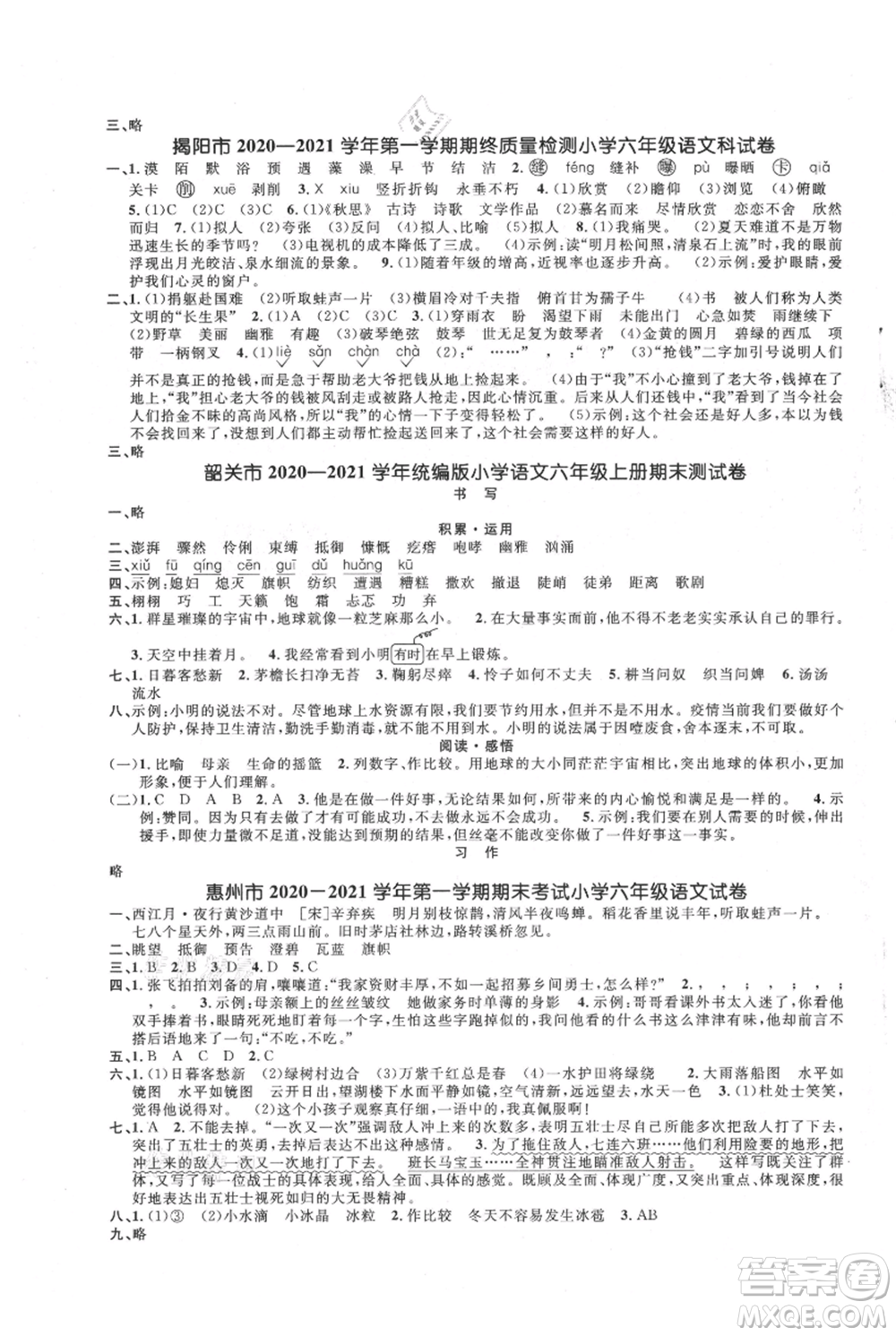 江西教育出版社2021陽光同學(xué)課時優(yōu)化作業(yè)六年級上冊語文人教版廣東專版參考答案