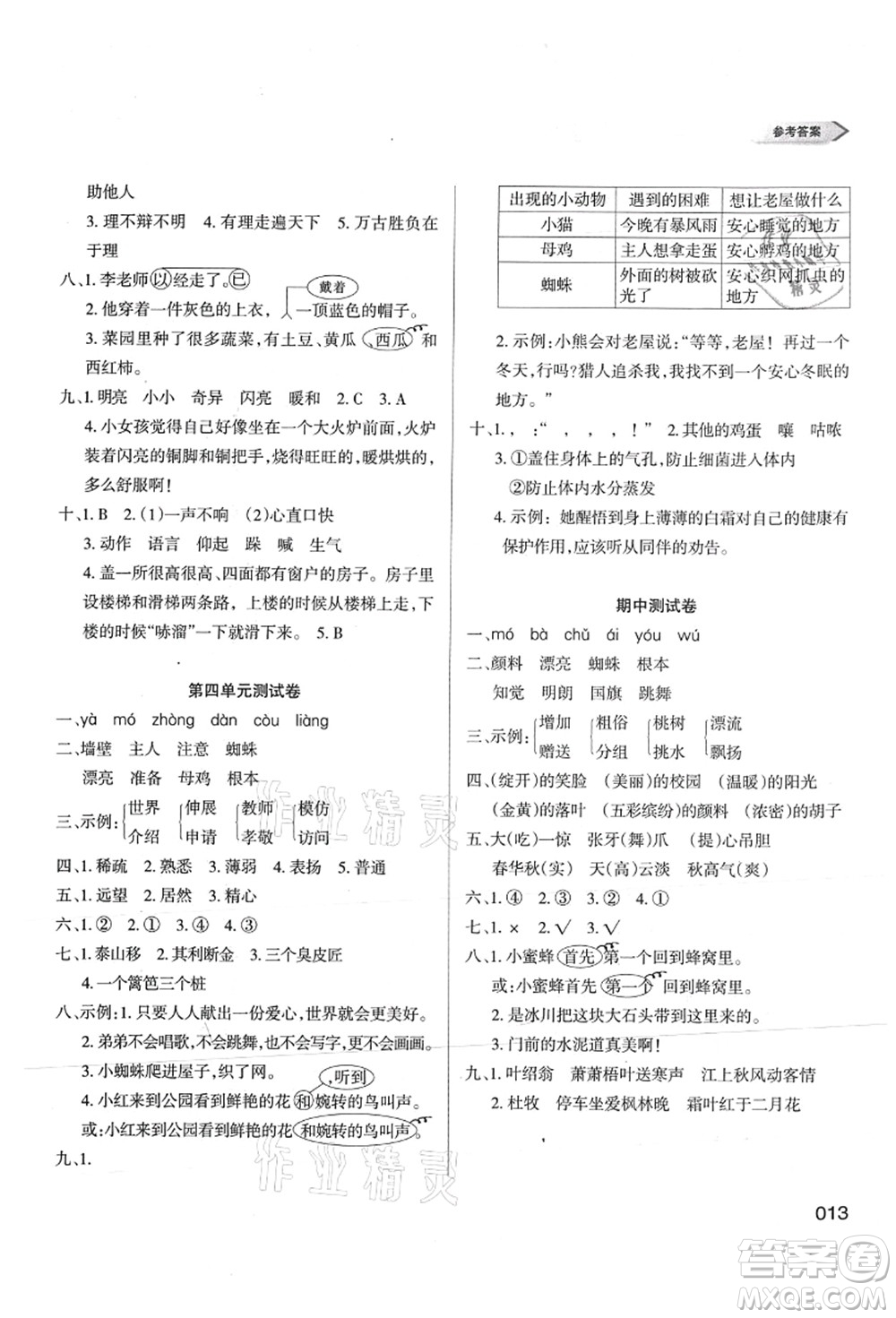 天津教育出版社2021學(xué)習(xí)質(zhì)量監(jiān)測三年級語文上冊人教版答案