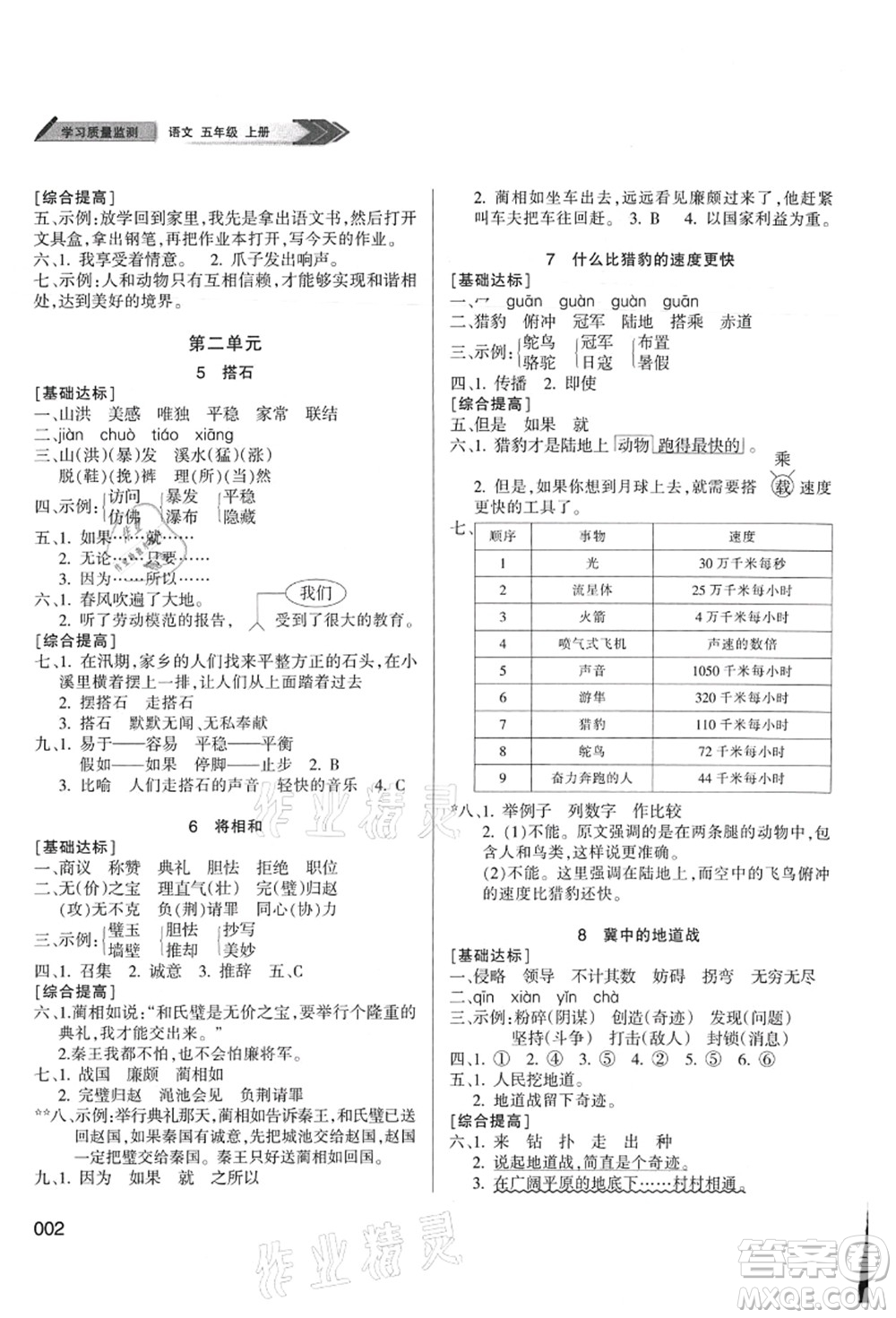 天津教育出版社2021學(xué)習(xí)質(zhì)量監(jiān)測(cè)五年級(jí)語(yǔ)文上冊(cè)人教版答案