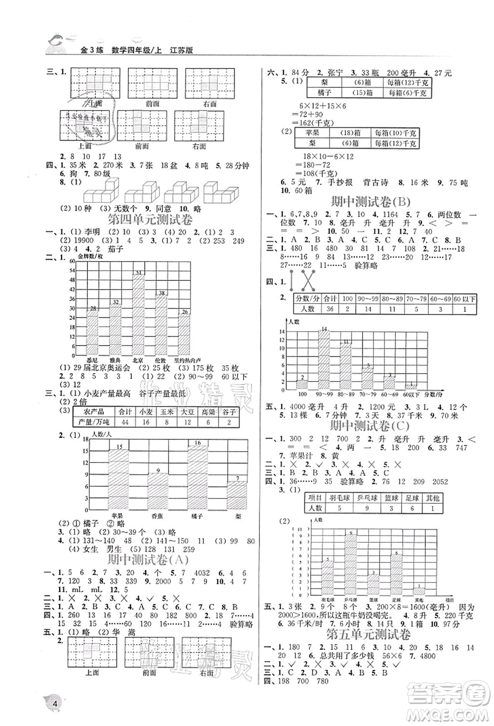 東南大學(xué)出版社2021金3練四年級數(shù)學(xué)上冊江蘇版答案