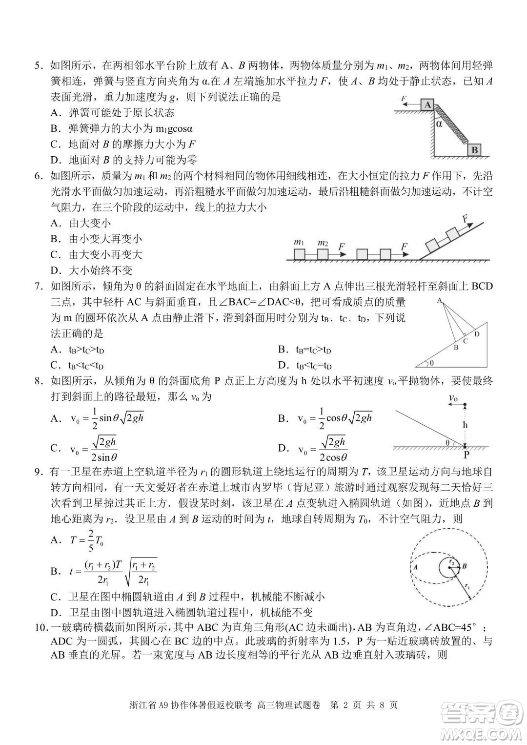 2022屆浙江省A9協(xié)作體暑假返校聯(lián)考高三物理試題卷及答案