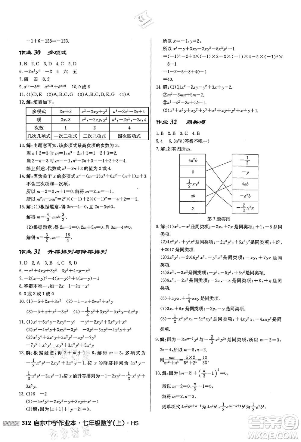 龍門書局2021啟東中學作業(yè)本七年級數(shù)學上冊HS華師版答案