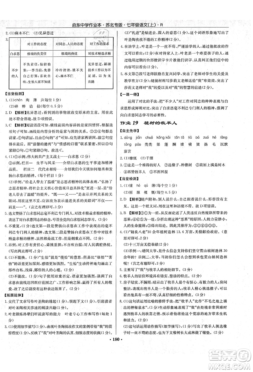 龍門書局2021啟東中學(xué)作業(yè)本七年級語文上冊R人教版蘇北專版答案