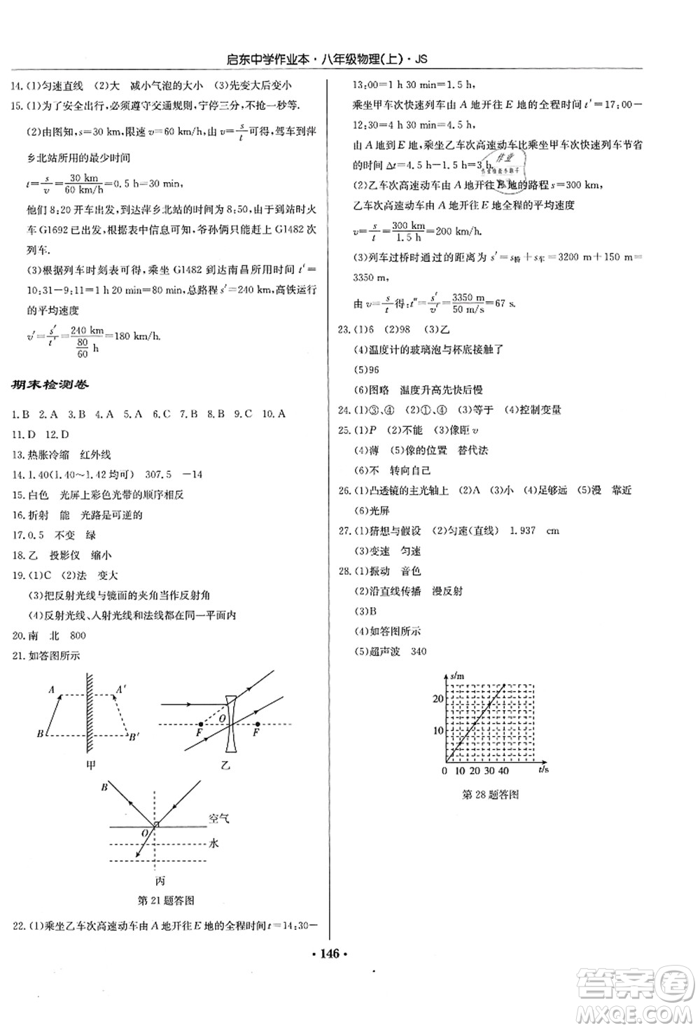 龍門書局2021啟東中學作業(yè)本八年級物理上冊JS江蘇版答案