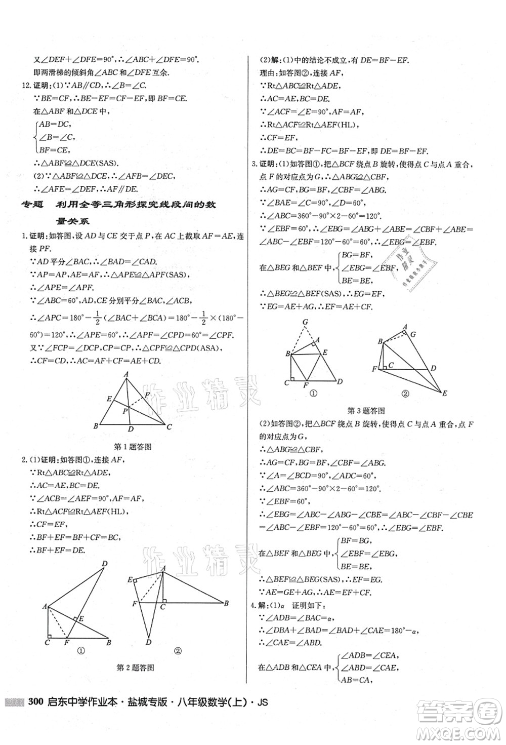 龍門書局2021啟東中學作業(yè)本八年級數(shù)學上冊JS江蘇版鹽城專版答案