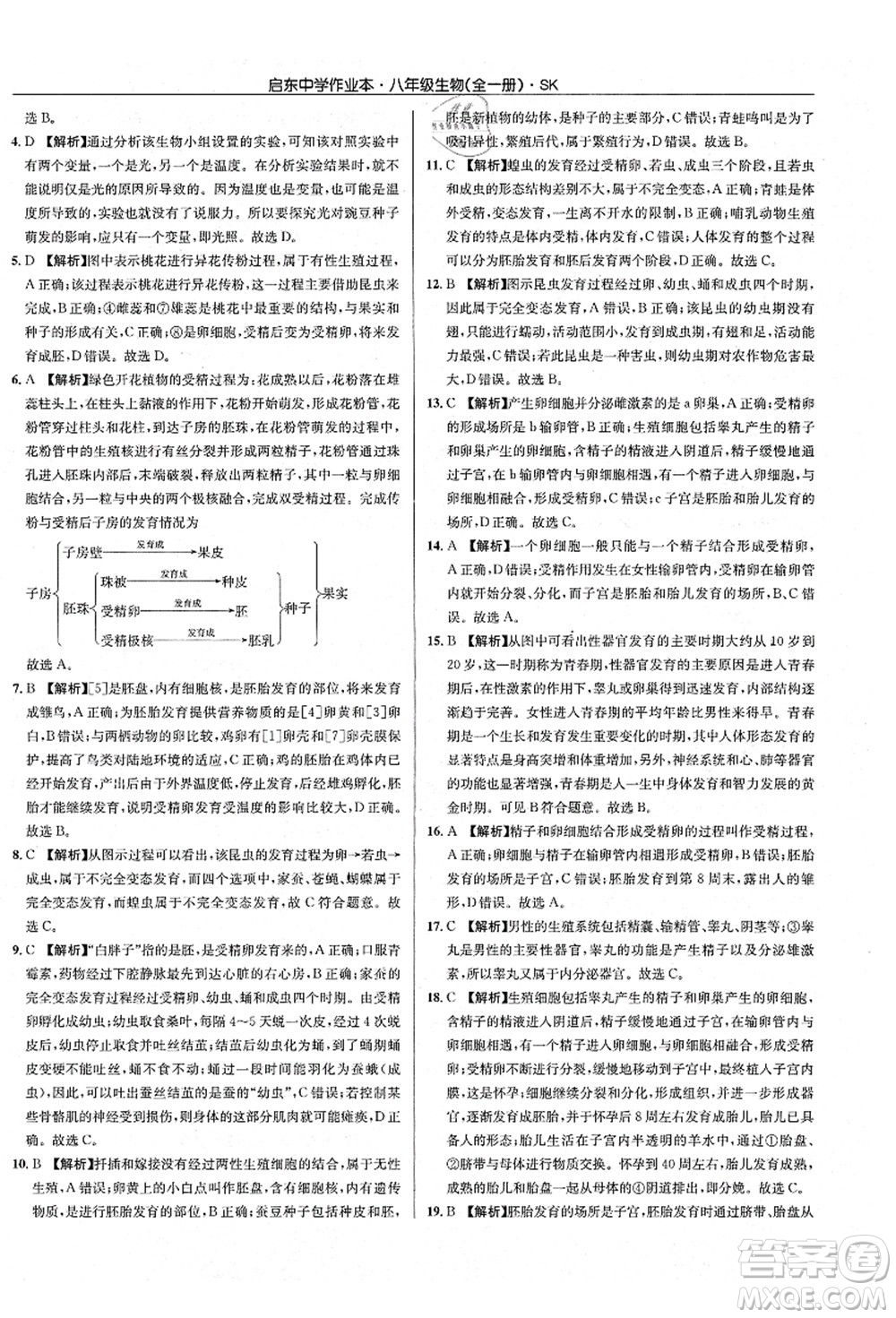 龍門書局2021啟東中學(xué)作業(yè)本八年級生物全一冊SK蘇科版答案