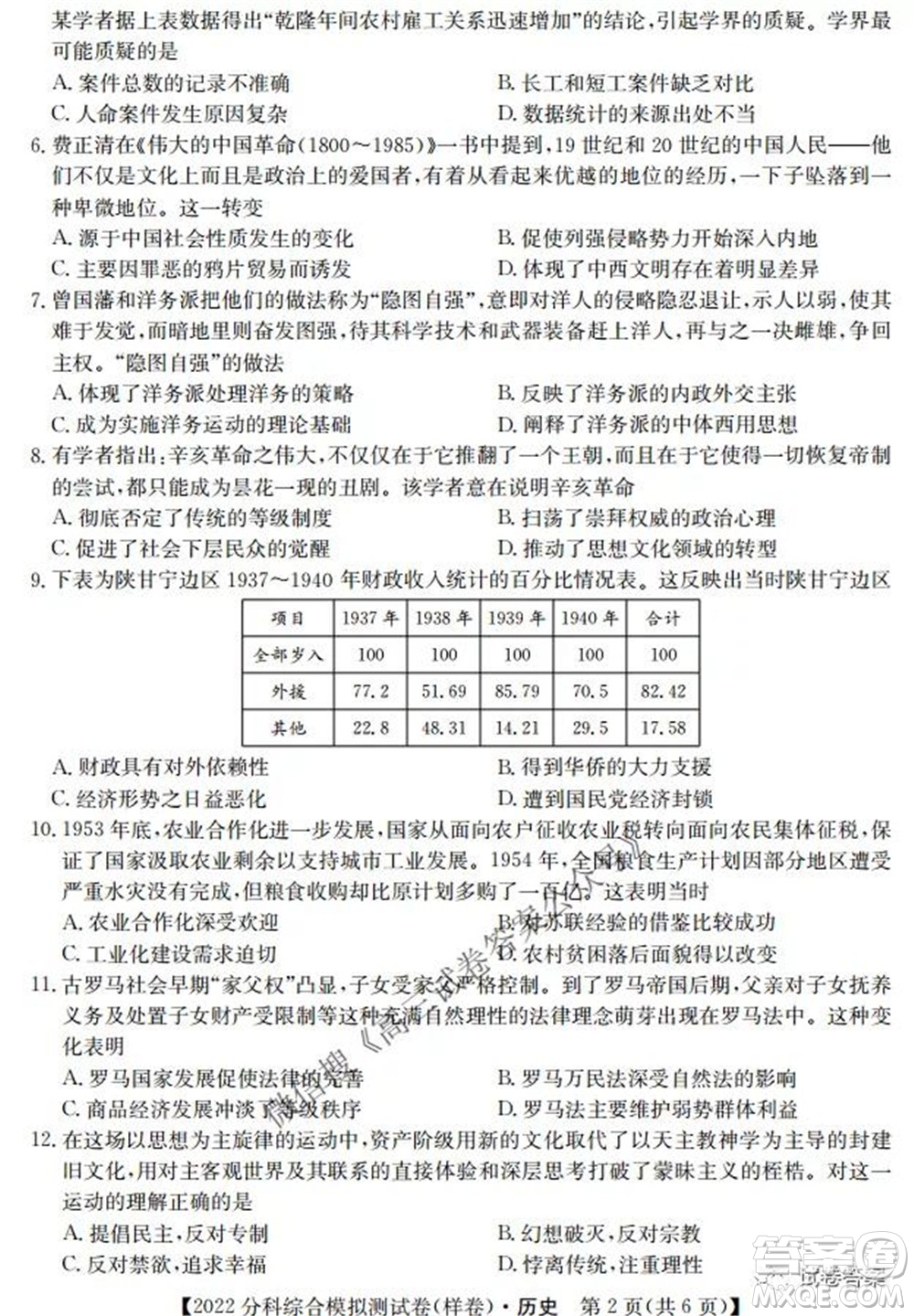 2022屆全國(guó)高考分科綜合模擬測(cè)試卷樣卷歷史試題及答案