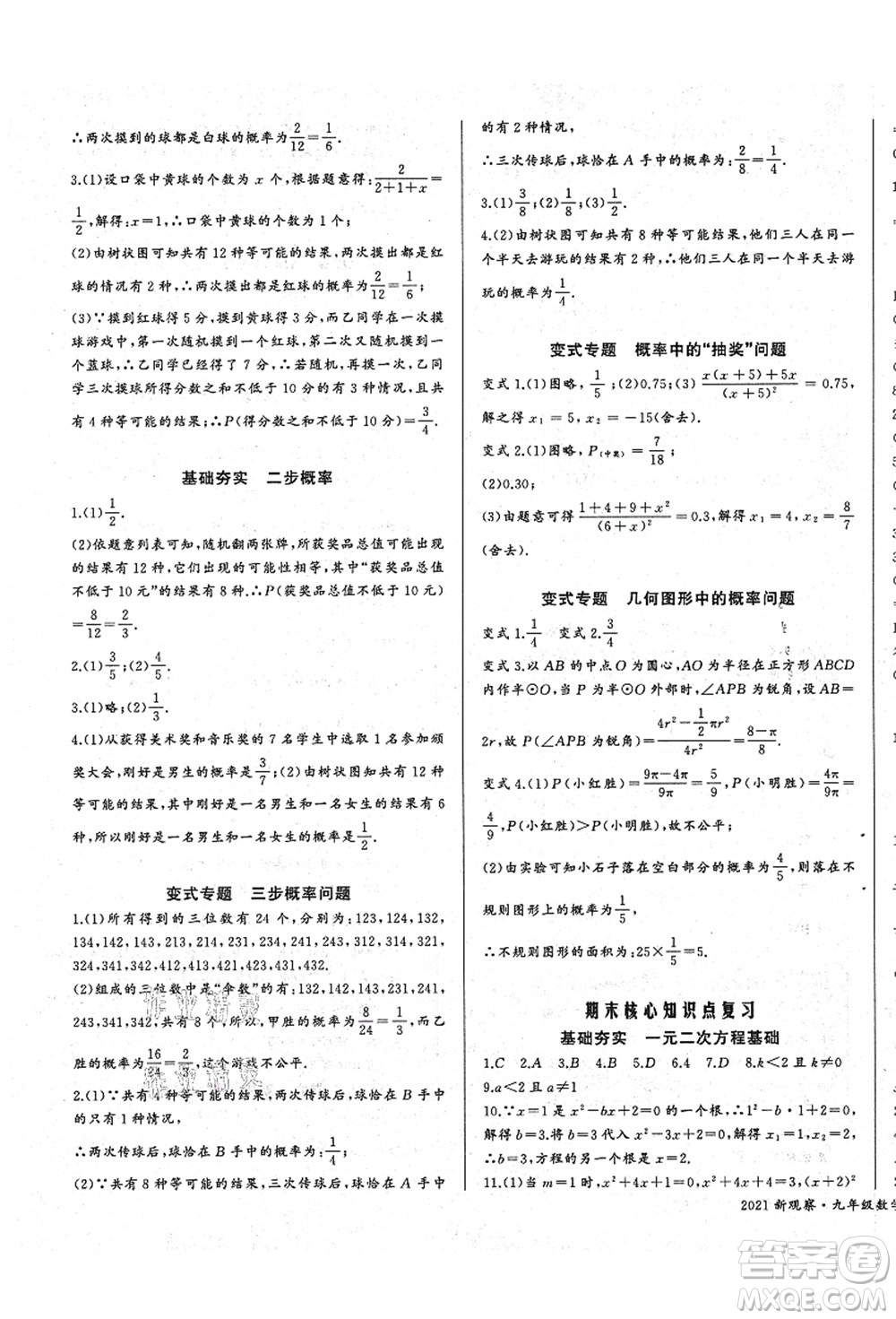 長江少年兒童出版社2021思維新觀察九年級數(shù)學(xué)上冊RJ人教版答案