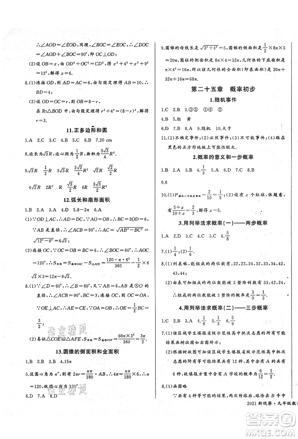 長江少年兒童出版社2021思維新觀察九年級數(shù)學(xué)上冊RJ人教版答案