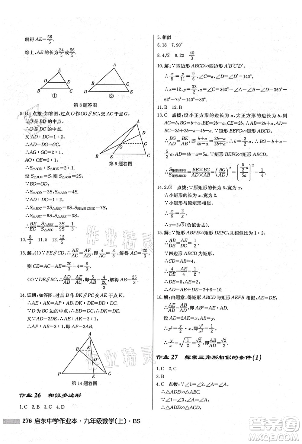 龍門書局2021啟東中學作業(yè)本九年級數(shù)學上冊BS北師版答案