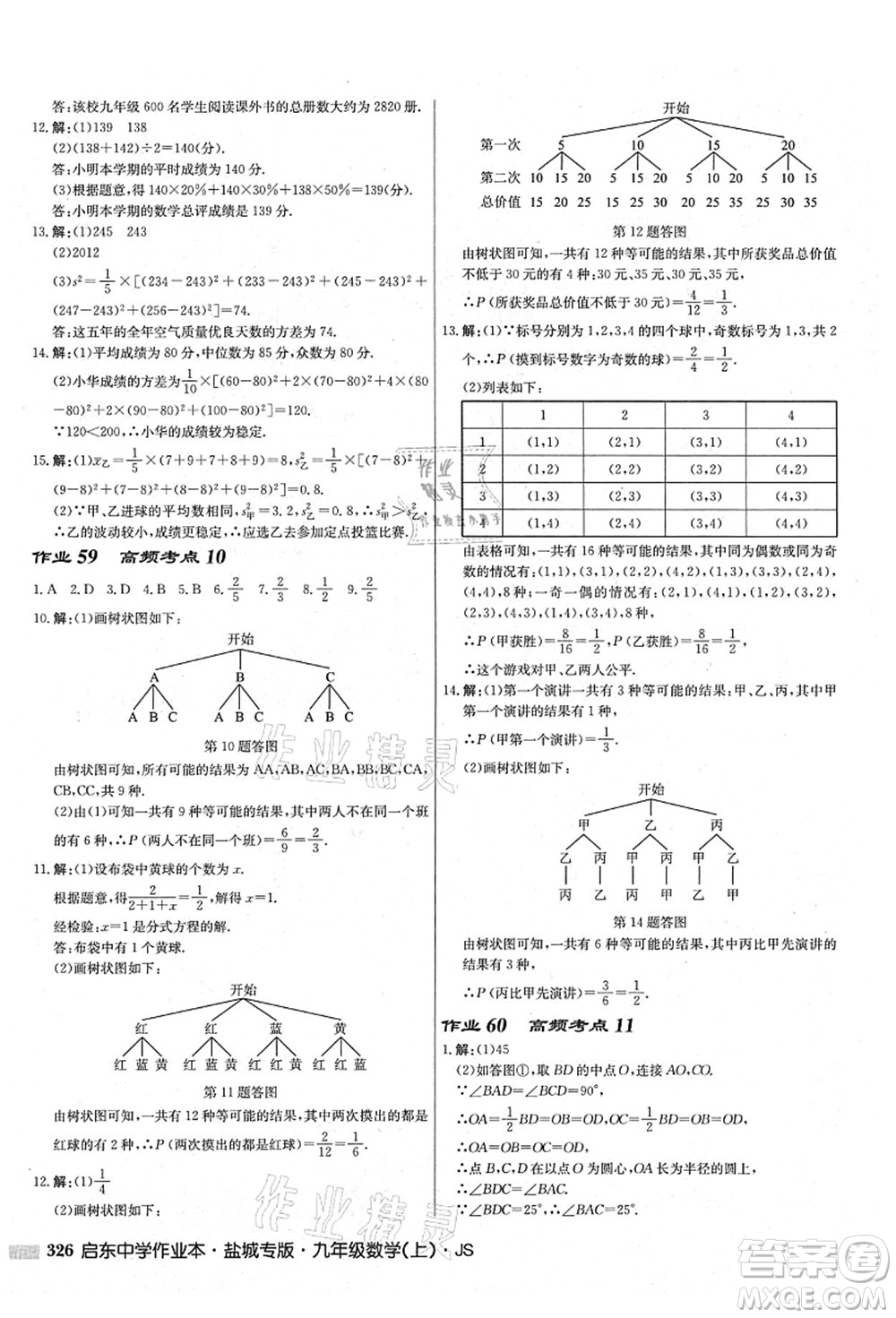 龍門書局2021啟東中學(xué)作業(yè)本九年級數(shù)學(xué)上冊JS江蘇版鹽城專版答案