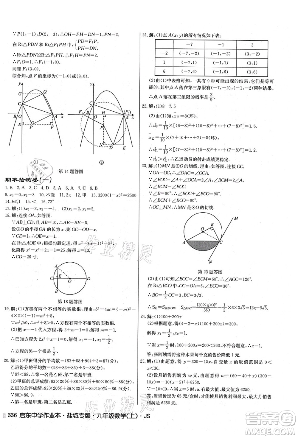 龍門書局2021啟東中學(xué)作業(yè)本九年級數(shù)學(xué)上冊JS江蘇版鹽城專版答案