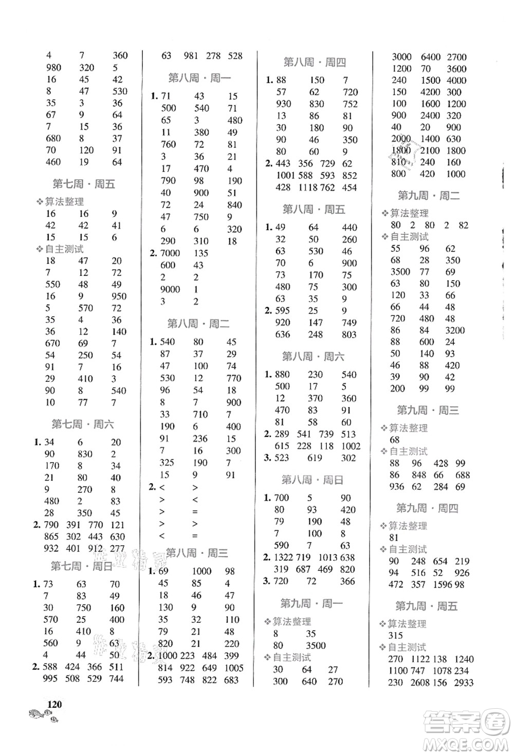 遼寧教育出版社2021小學(xué)學(xué)霸天天計算三年級數(shù)學(xué)上冊RJ人教版答案