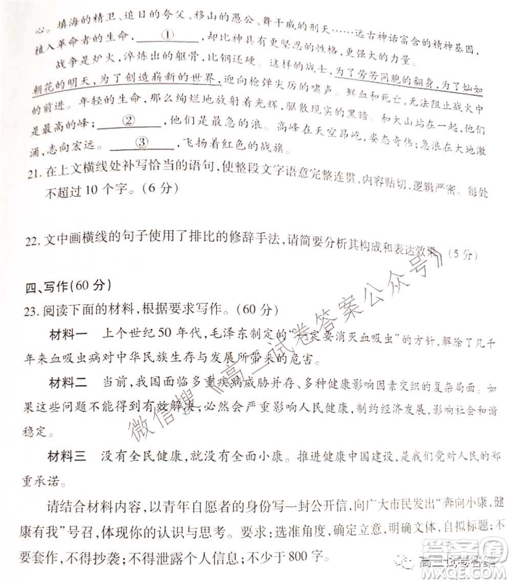 2021-2022學(xué)年度武漢市部分學(xué)校高三起點質(zhì)量檢測語文試卷及答案