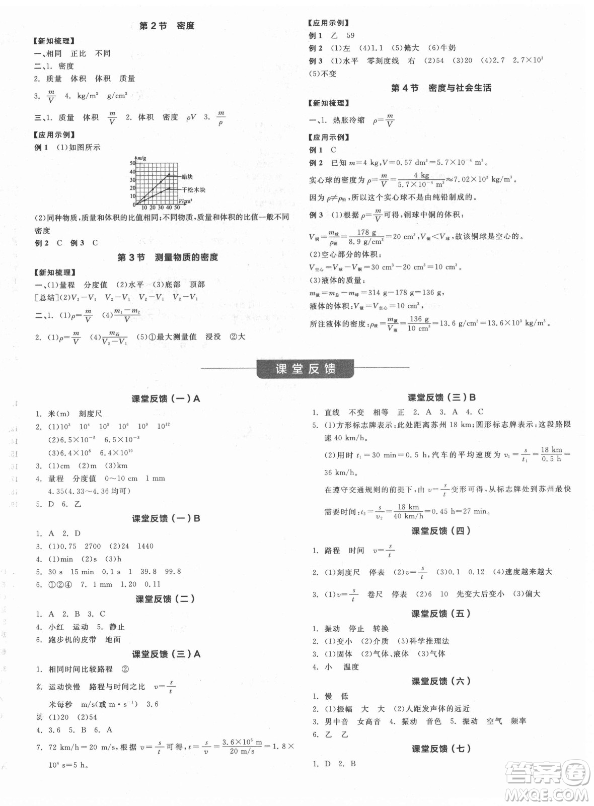 陽光出版社2021全品學練考物理八年級上冊RJ人教版答案