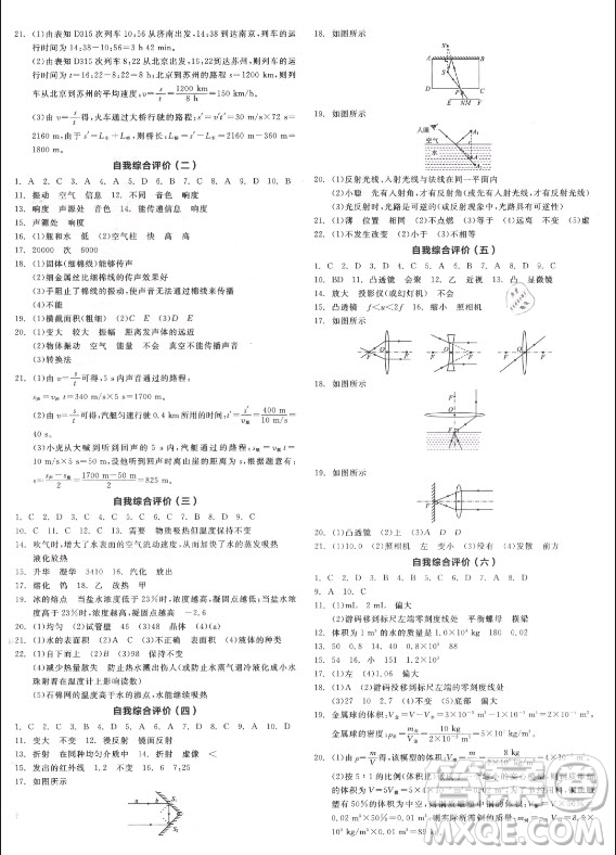 陽光出版社2021全品學練考物理八年級上冊RJ人教版答案