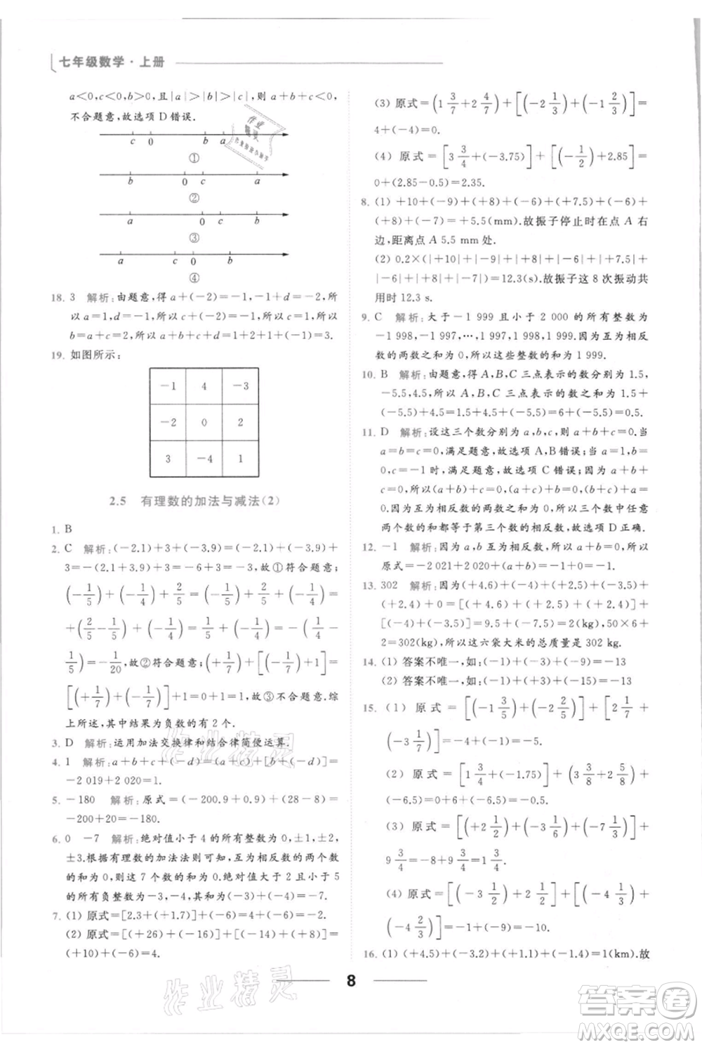 云南美術(shù)出版社2021秋季亮點給力提優(yōu)課時作業(yè)本七年級上冊數(shù)學(xué)通用版參考答案