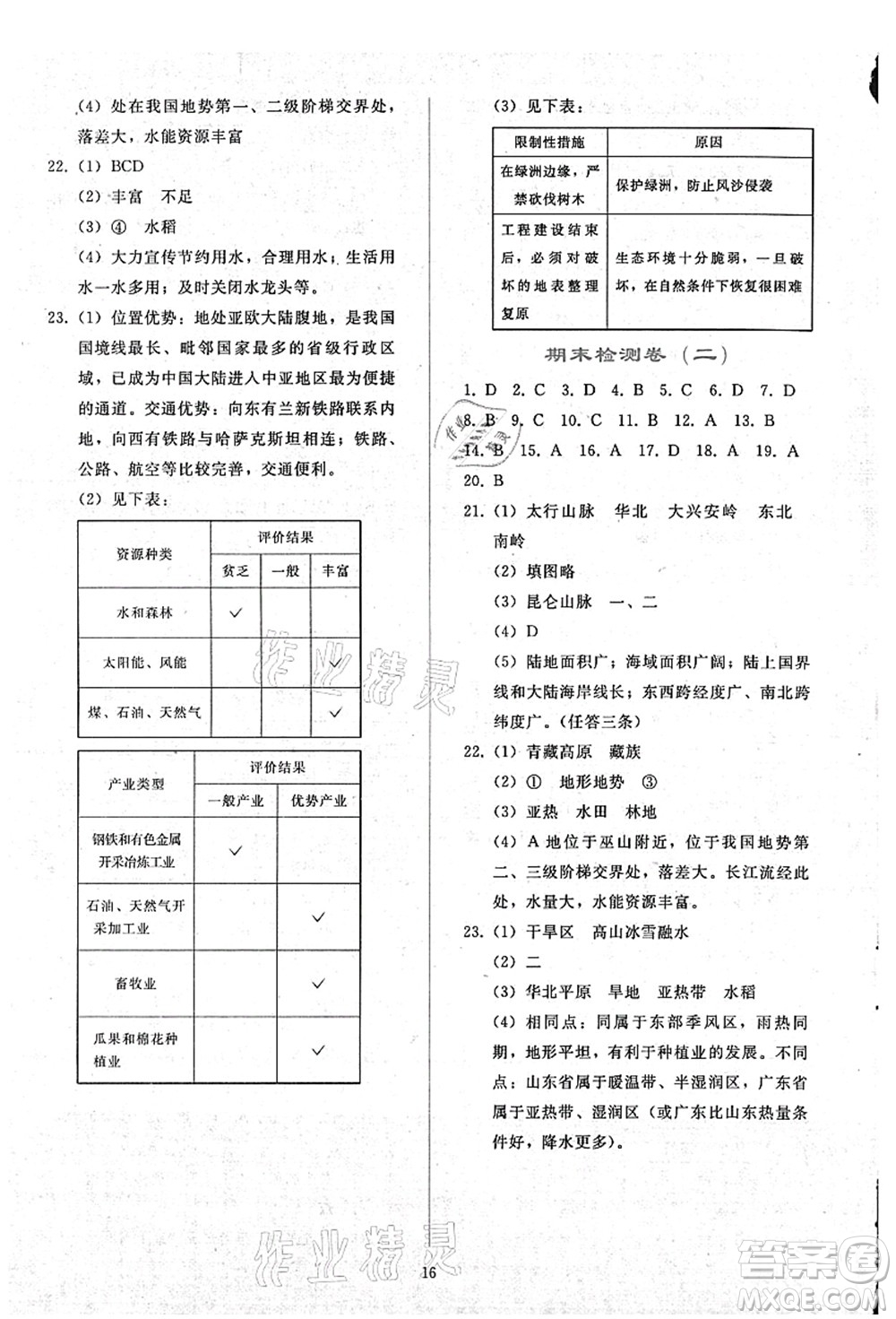 人民教育出版社2021同步輕松練習(xí)八年級(jí)地理上冊(cè)人教版答案