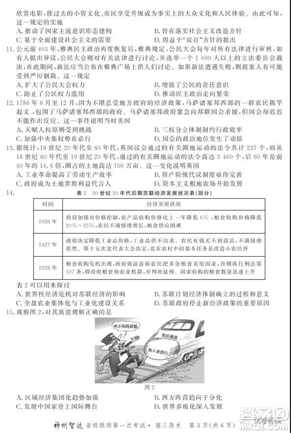 神州智達(dá)省級(jí)聯(lián)測(cè)2021-2022第一次考試高三歷史試題及答案