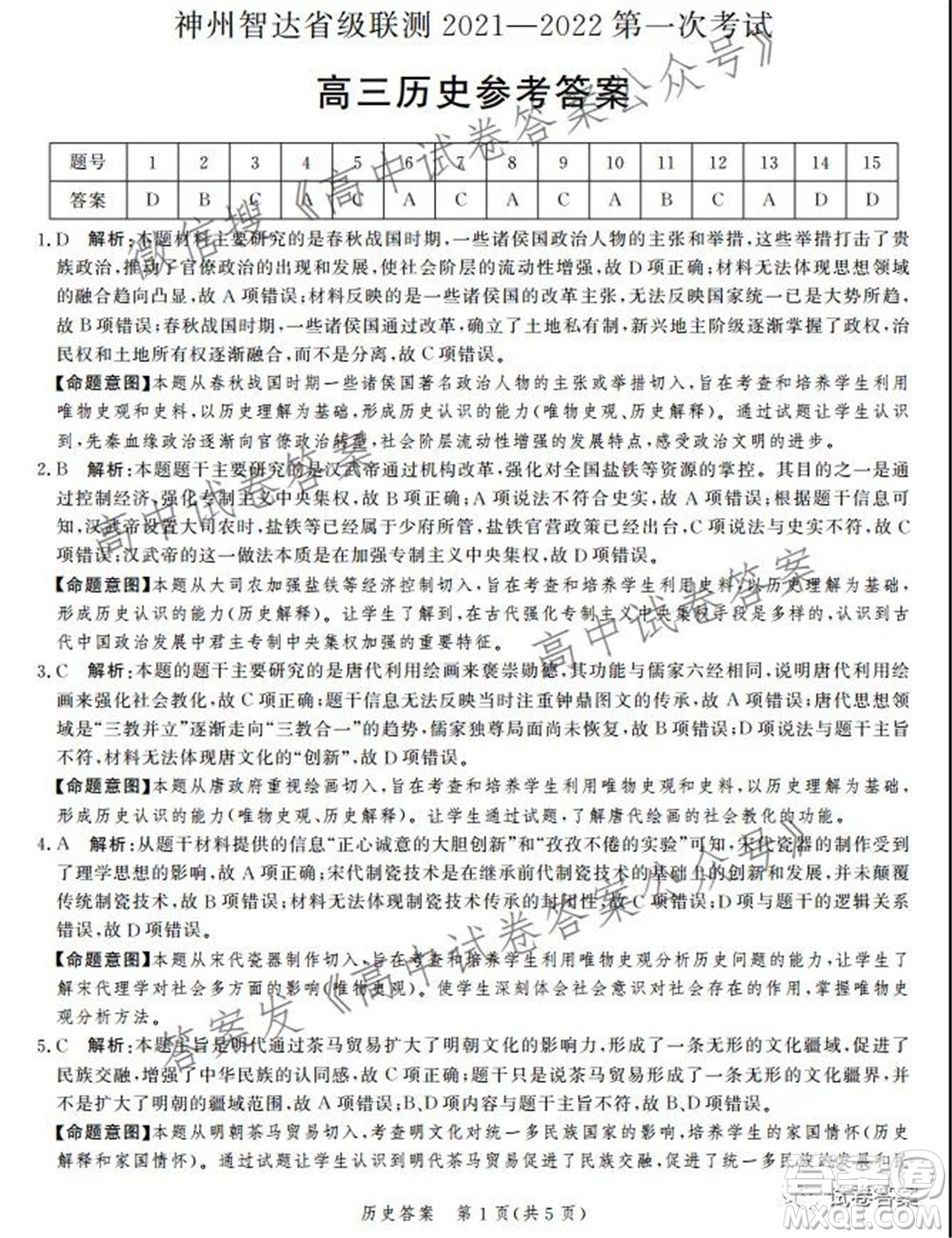 神州智達(dá)省級(jí)聯(lián)測(cè)2021-2022第一次考試高三歷史試題及答案