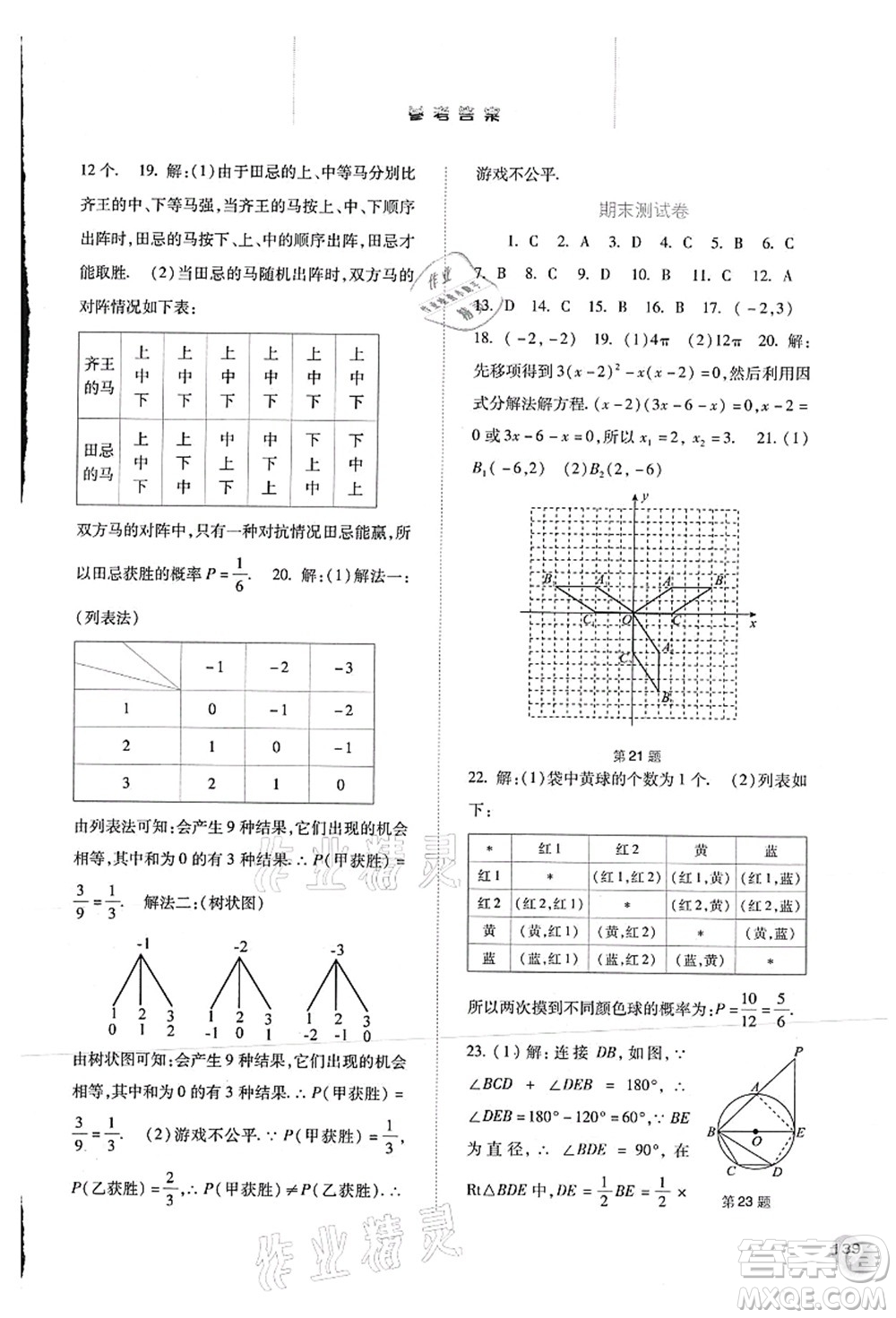 河北人民出版社2021同步訓(xùn)練九年級數(shù)學(xué)上冊人教版答案