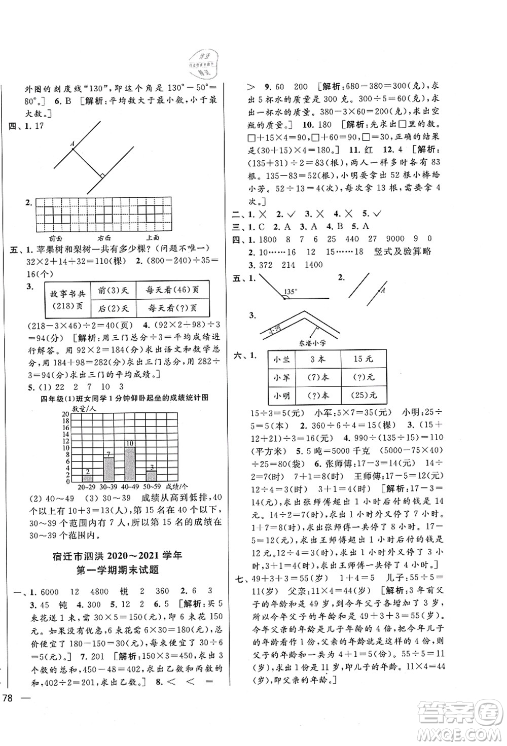 云南美術(shù)出版社2021同步跟蹤全程檢測(cè)及各地期末試卷精選四年級(jí)數(shù)學(xué)上冊(cè)蘇教版答案