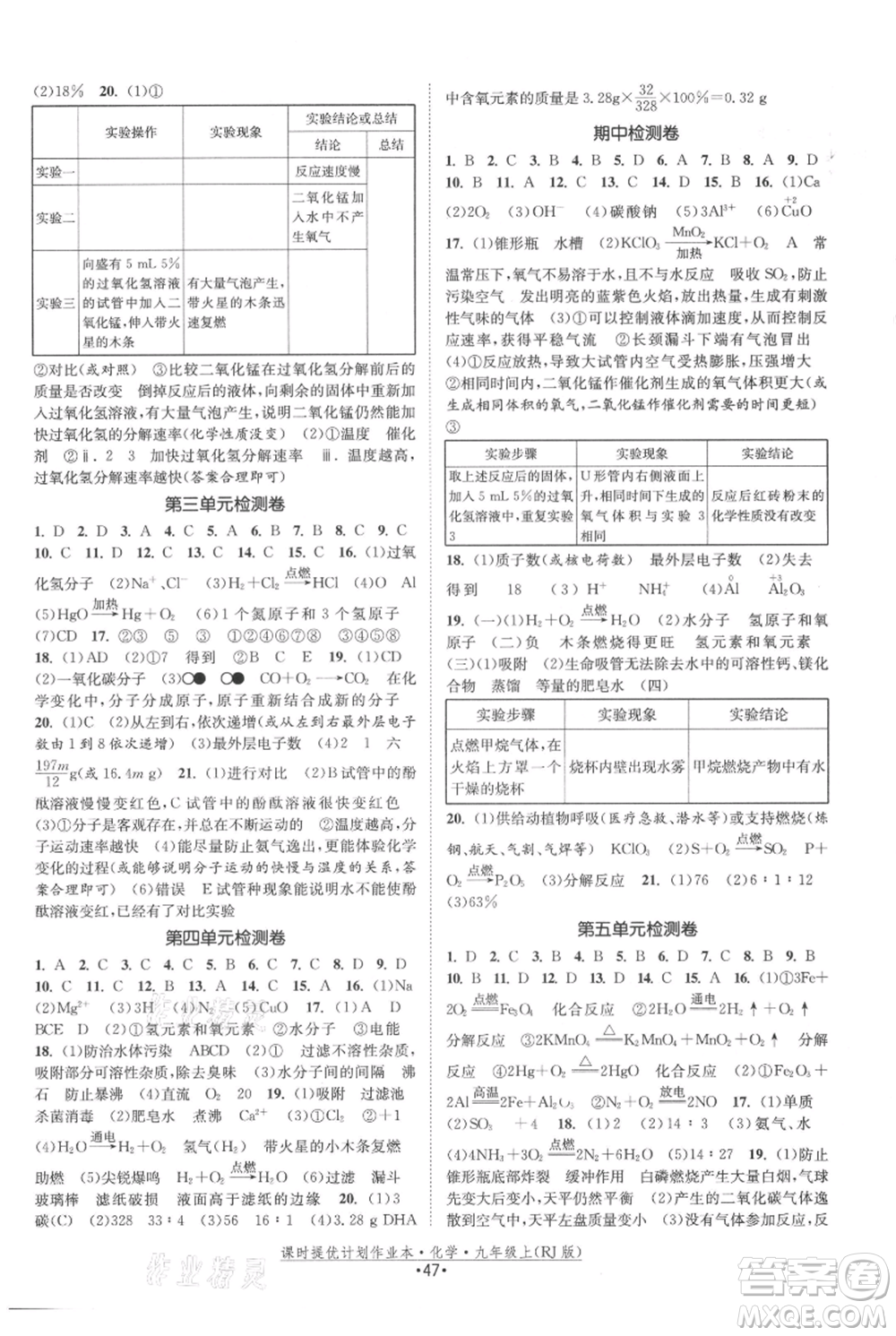 江蘇人民出版社2021課時提優(yōu)計劃作業(yè)本九年級上冊化學(xué)人教版參考答案