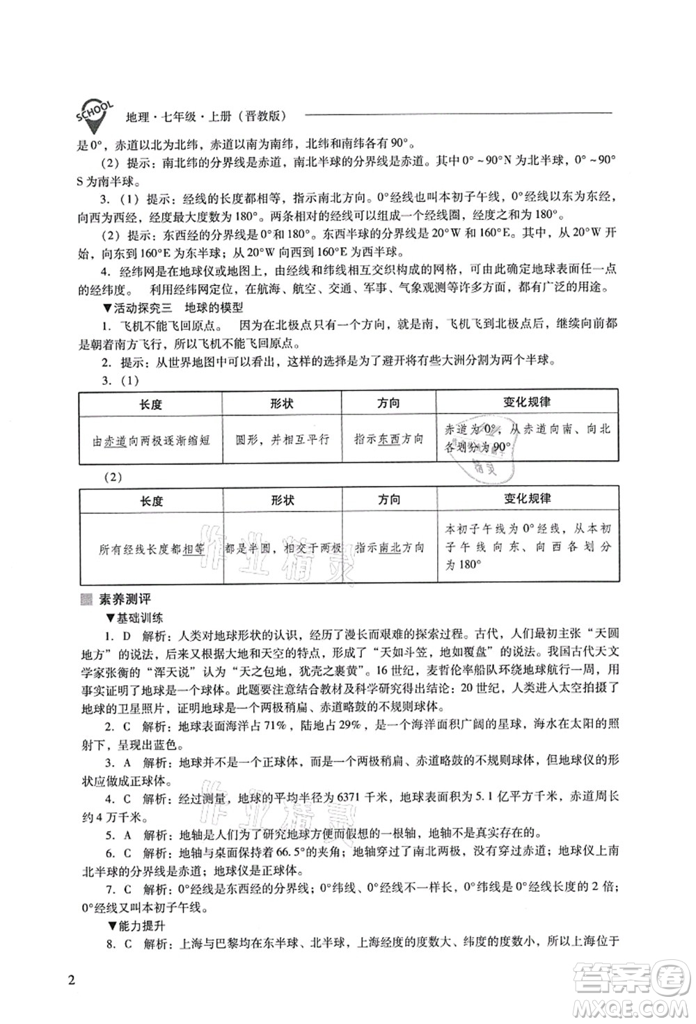 山西教育出版社2021新課程問題解決導(dǎo)學(xué)方案七年級地理上冊晉教版答案