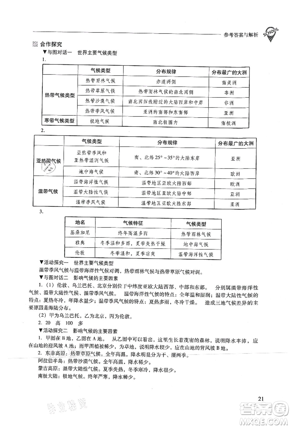 山西教育出版社2021新課程問題解決導(dǎo)學(xué)方案七年級地理上冊晉教版答案