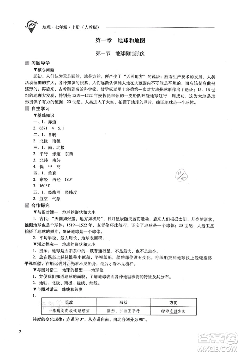 山西教育出版社2021新課程問題解決導(dǎo)學(xué)方案七年級地理上冊人教版答案