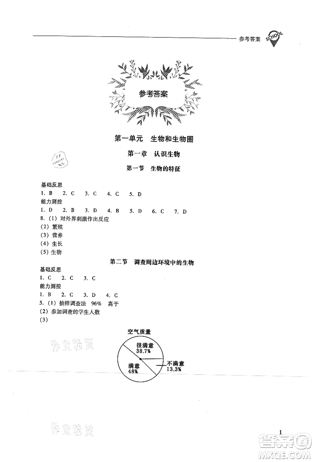 山西教育出版社2021新課程問題解決導(dǎo)學(xué)方案七年級(jí)生物上冊(cè)人教版答案