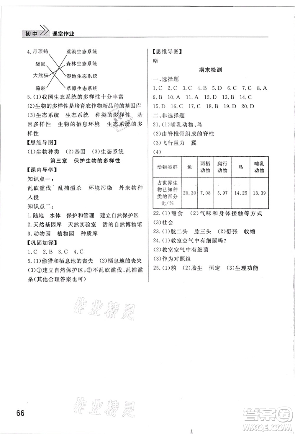 武漢出版社2021智慧學(xué)習(xí)天天向上課堂作業(yè)八年級生物上冊人教版答案